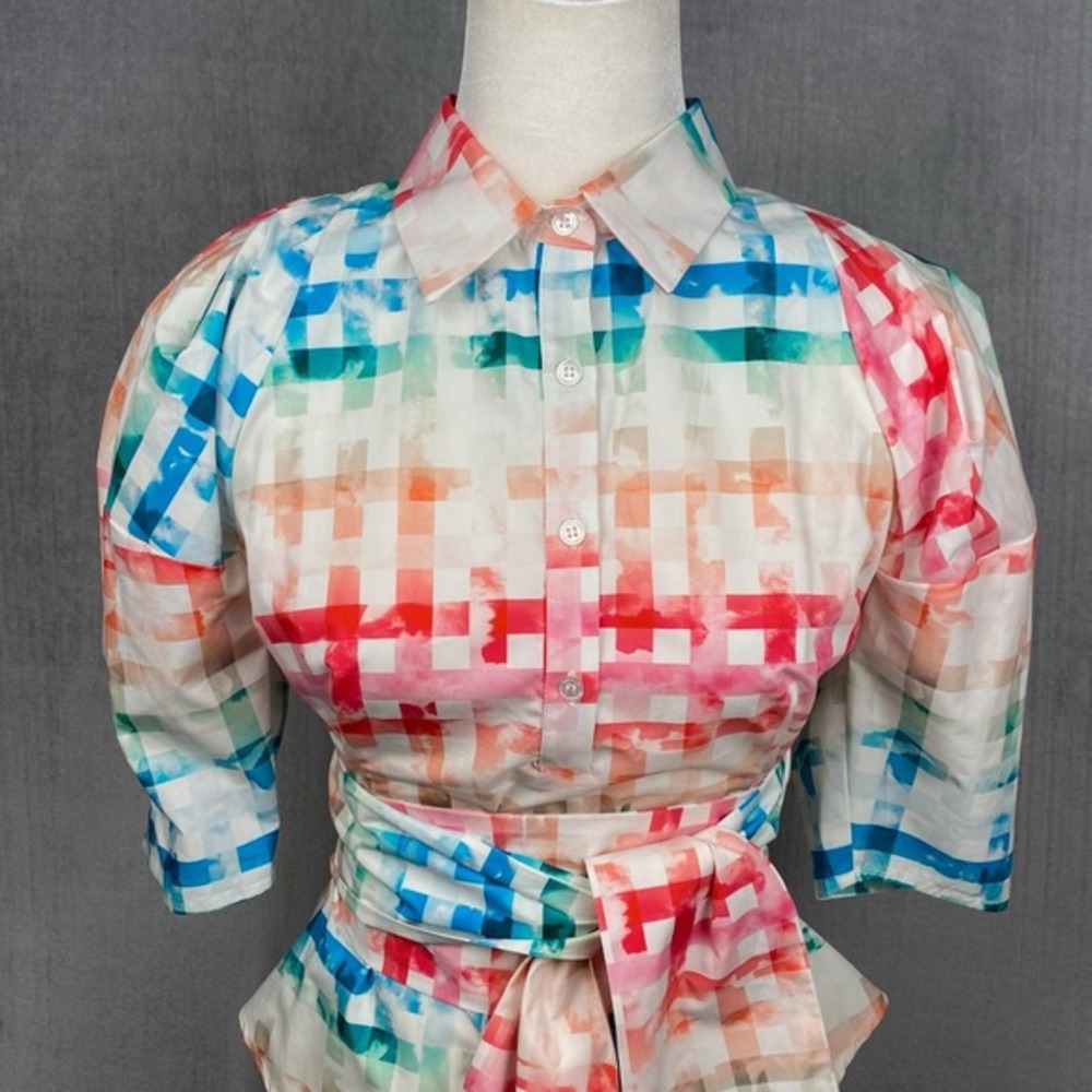 Chloe Kristyn Blouse Womens XS Button Up 1/2 Sleeve Lattice Print Made in USA - Picture 4 of 11